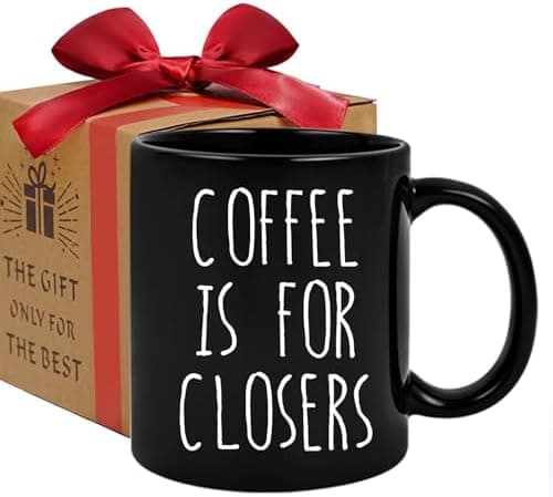Novelty mug with 'Coffee Is For Closers' slogan and kraft paper gift box with wine-red bow.