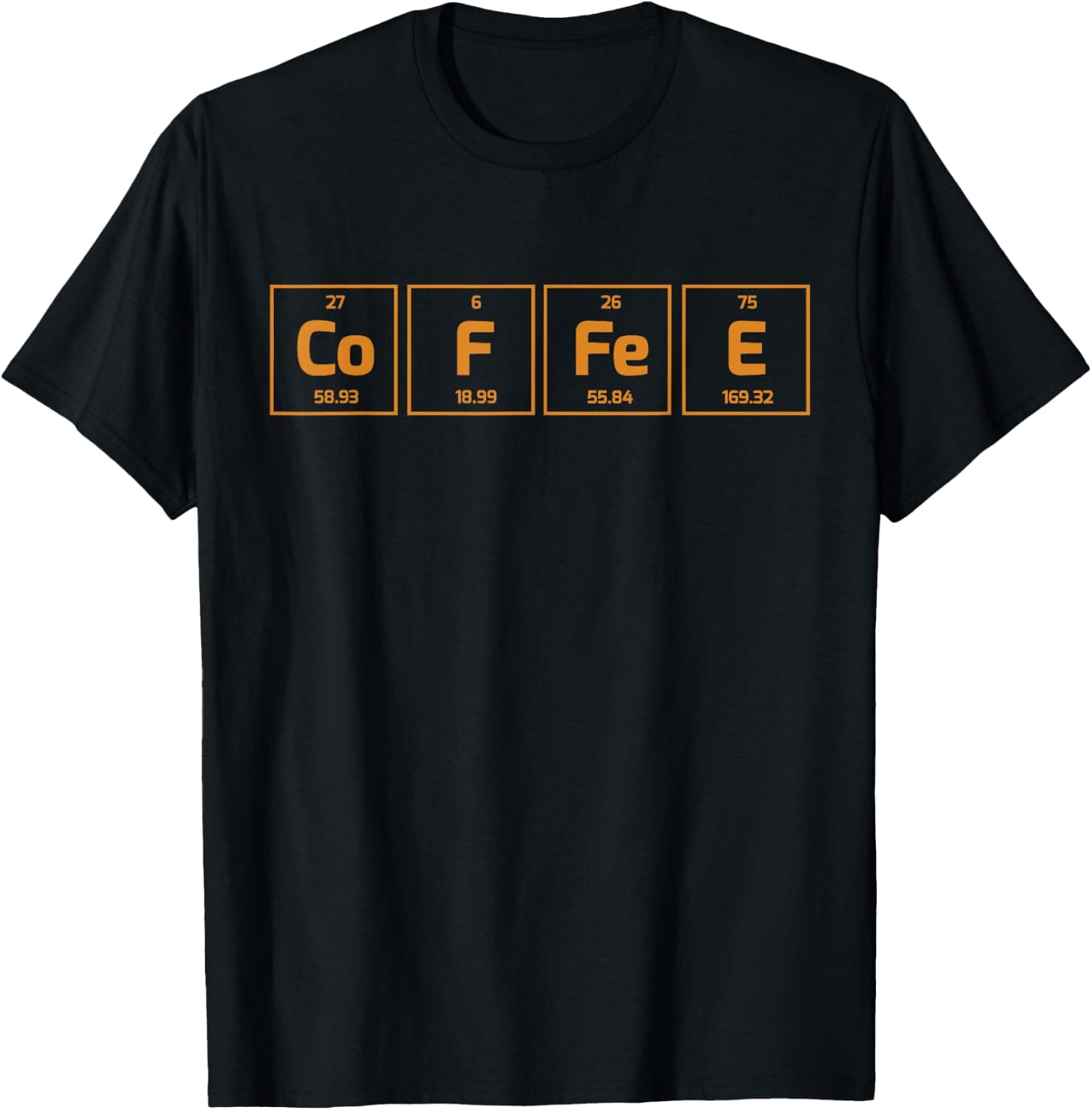 T-shirt with a periodic table of coffee graphic across the front.